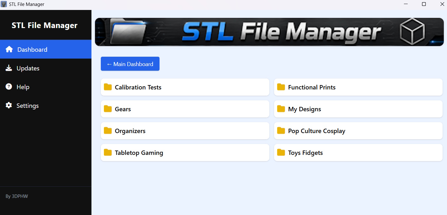 STL File Manager dashboard showing My STL Library